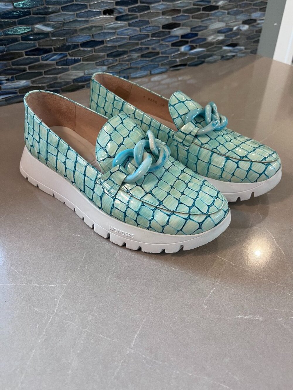 Wonders Turquoise patent crocodile print loafers